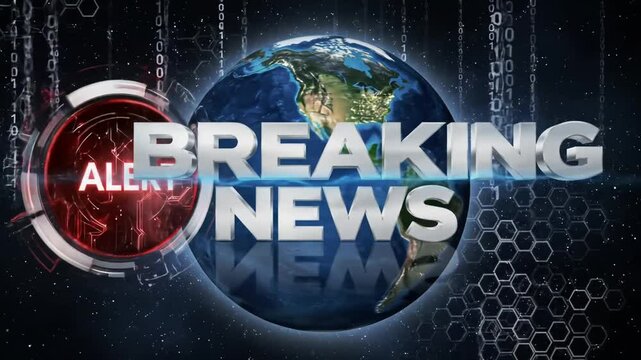 Breaking News Alert with Digital Earth and Red Alert Circle Against a Dark Background
