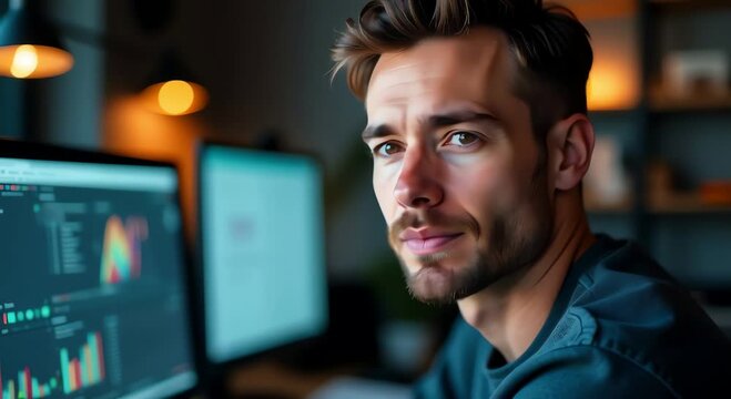 man sitting front computer