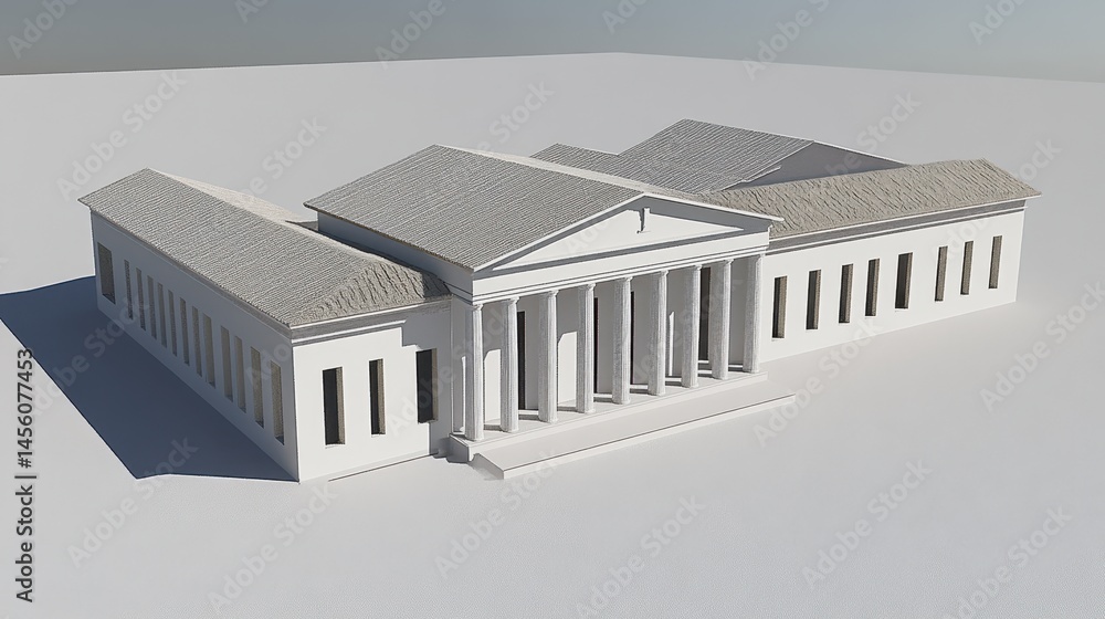 Poster architectural visualization showcasing minimal classic building with clean lines and bright white ma