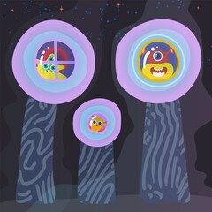 Vector illustration of a aliens and colorful aliens houses on a another planet. Trip across the galaxy