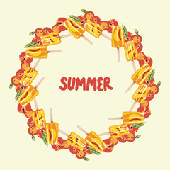 A wreath of fruit ice cream made of peaches and oranges and in the center the inscription summer, vector illustration
