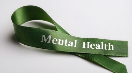 green ribbon in loop shape, symbol of fight against psychological problems, inscription "Mental health", psychology, may, mental health awareness month