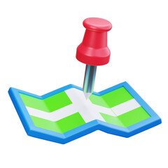 3d icons of a red push pin on a green and blue map.