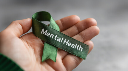 hand holding green ribbon in loop shape, symbol of fight against psychological problems, inscription "Mental health", psychology, may, mental health awareness month