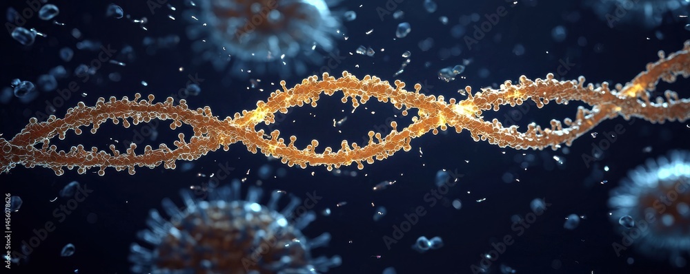 Poster detailed close-up of viral rna strands fusing and splitting in a dynamic biological environment
