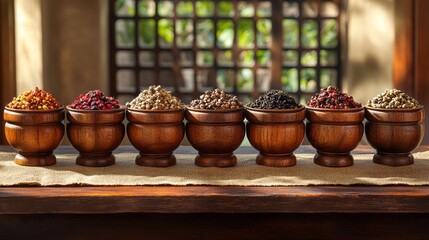 Wooden bowls holding assorted spice blends in sunlight.