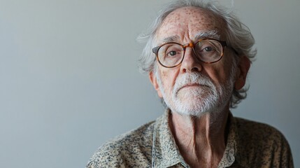 Thoughtful Senior Man with Glasses Sitting Indoors Against Light Background