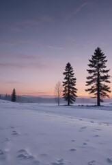 Fototapeta premium Expansive snowfield, stark silhouette of distant trees against a twilight sky, sky, winter, atmosphere