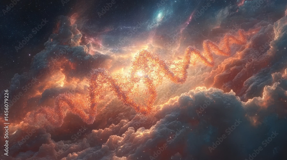 Poster close-up of space adaptation with bacteria forming complex structures among cosmic clouds and stars 