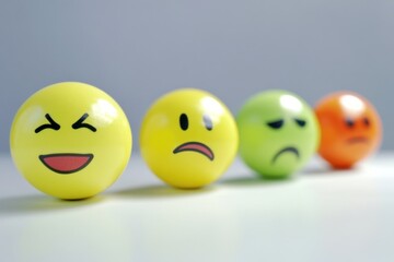 Happy, sad, angry, surprised, laughing, and cool emoji faces in row