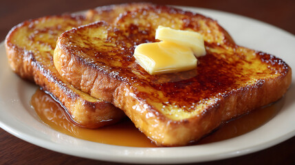 Close up of french toast with butter and syrup on a white plate ready to be eaten for breakfast