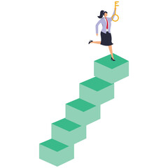 A businesswoman holding up a key on top of a podium. Illustration for business keys, business systems and strategies, opportunities and motivation