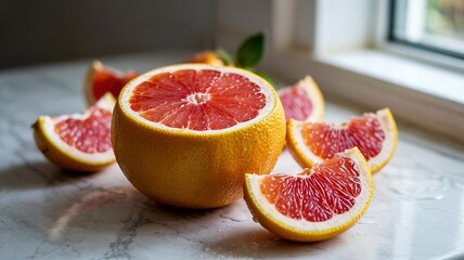 Sliced Ruby Red Grapefruit Displayed on a Marble Surface near a
