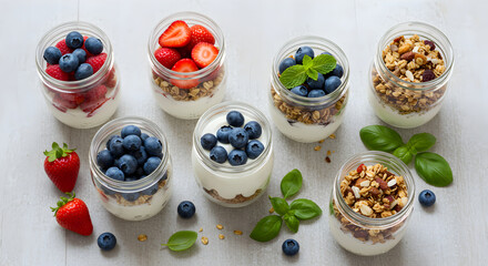 Fototapeta premium Assortment Of Delicious And Colorful Fruit Parfaits In Jars On Tabletop