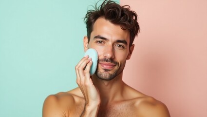 Fototapeta premium Silicone Body Scrubber. Happy Man Exfoliates. Male man model isolated background. Happy man exfoliates with silicone body scrubber, conveying sense of cleanliness and contentment.