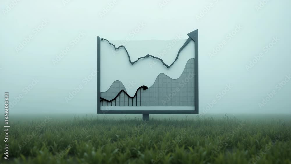 Poster a large graph display with an upward trend arrow stands alone in a foggy field surrounded by grass.