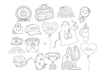 Happy Mother s Day with Retro and Trendy Mom Life Doodle Cartoon Style Hand Drawn Elements Outline Vector