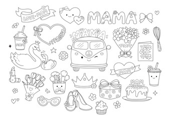 Obraz premium Happy Mother s Day with Retro and Trendy Mom Life Doodle Cartoon Style Hand Drawn Elements Outline Vector