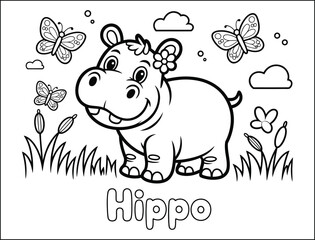 Obraz premium Adorable Baby Hippo Coloring Page with Butterflies