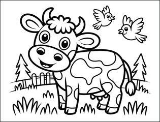 Obraz premium Adorable Cartoon Cow Coloring Page with Birds and Fence