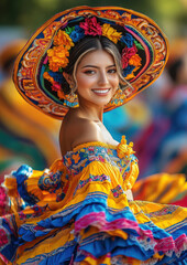 mexican young woman in national dress with full skirt and flowers in hair dances on blurred background of festive street of mexico city, day of the dead, cinco de mayo, hat