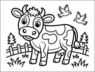 Fototapeta premium Cute Cartoon Cow in a Farm Setting Coloring Page