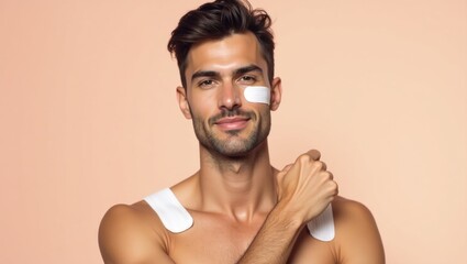 Fototapeta premium Silicone Scar Tape. Vitamin patches Kinesiology face Under eye Depology Medicube Frownies Youth to the people Handsome man with medical smiling health c