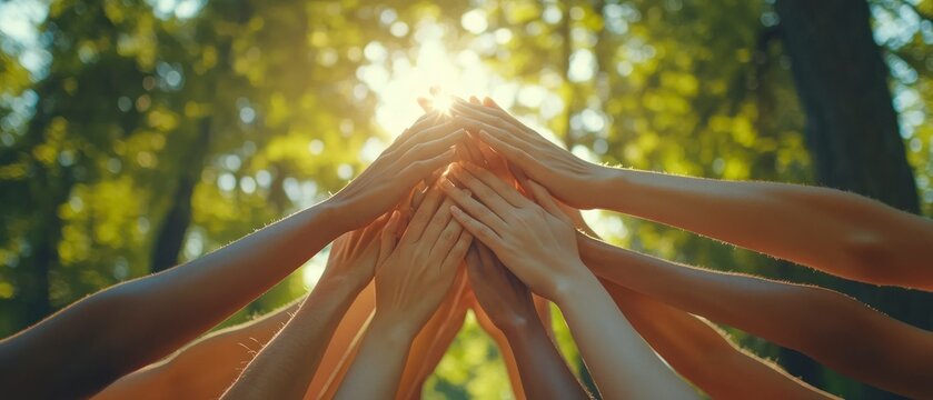 Diverse group of individuals raises hands high, creating a triangular shape against sunlit forest backdrop, symbolizing unity, teamwork.