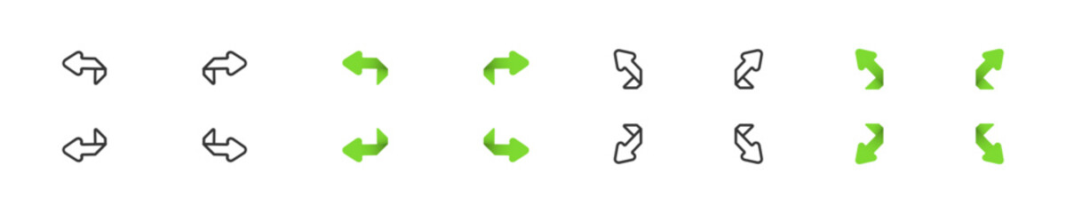 Set icon arrows. Arrow icons in vector design style. Turn arrow graphic sign. Symbol right, up, left and down. Rotate arrows