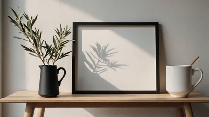 Fototapeta premium Serene Interior Decor: Black and White Landscape, Plant, and Coffee Cup by a Window