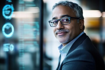 Fototapeta premium Smiling Businessman Examining Futuristic Digital Dashboard in Modern Office.