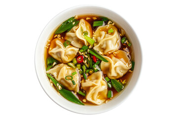 Steamed Dumplings served in hot Wonton Soup garnished with cilantro and scallions, isolated on white transparent background, concept of Asian cuisine