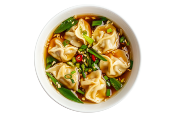 Steamed Dumplings served in hot Wonton Soup garnished with cilantro and scallions, isolated on white transparent background, concept of Asian cuisine
