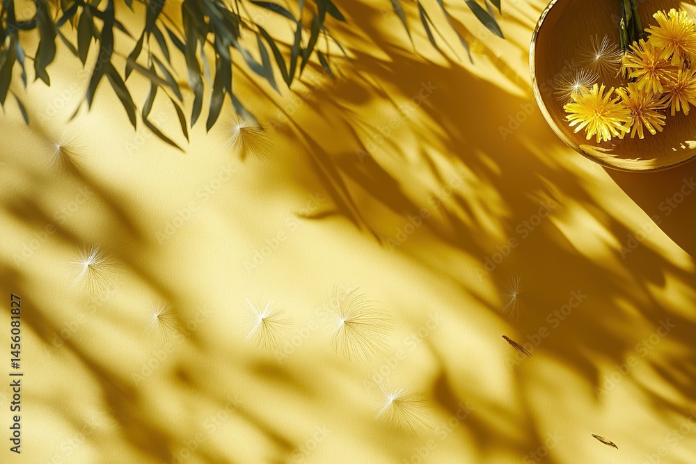 Poster macro texture nature pattern of dandelion seeds in a botanical still life with plant and shadows und