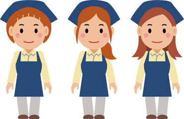 両手を下ろし、すまし顔の紺色エプロンの若い女性。その2