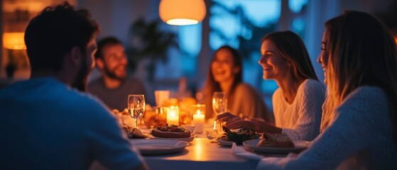 Friends share festive meal at dining table, conversing and smiling in warm candlelight.