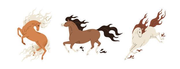 Horse galloping and jumping. Fast equine animals, free stallions in motion, elegant mares in energetic movements with power, freedom and beauty. Flat vector illustration isolated on white background