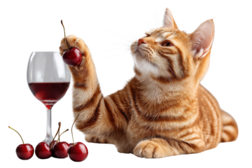 Curious cat playing with cherries and wine glass indoor setting playful vibe close-up view whimsical concept for cat lovers