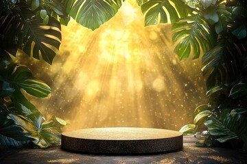 Golden podium in a lush tropical setting