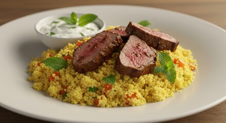 Delicious Couscous Dish with Tender Grilled Meat, Fresh Mint Leaves, and Creamy Sauce in a Rustic Presentation on a Wooden Table