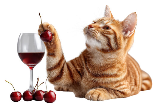 Curious cat playing with cherries and wine glass indoor setting playful vibe close-up view whimsical concept for cat lovers