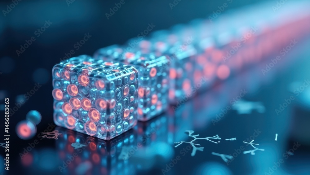 Poster singlecell rna sequencing. glowing cellular dice. isolated background, copyspace.. glowing red and b