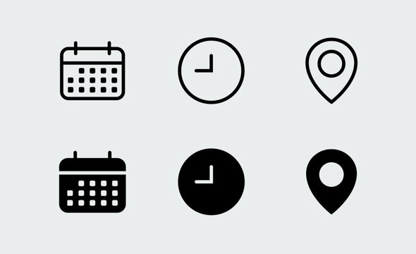 Calendar, time, clock, address, location icon set. Icons for date, reminder, adress, invitation, event