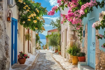 Colorful, flower-filled alleyway leading to a seaside town.  Bright pastel-colored buildings line the cobblestone path, adorned with vibrant flowers and potted plants.