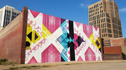 Dynamic urban mural with geometric patterns and vibrant colors in an urban landscape