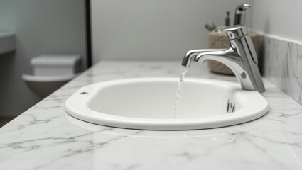 Sink Splash Guard. White sink splash. Trend product close-up. Sleek, modern kitchen sink features gleaming chrome faucet amidst water droplets on its surface.