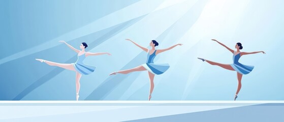 Obraz premium Three elegant adult ballerinas in blue dresses performing arabesque on stage in a dance studio Concept of ballet, performance, art, and classical dance