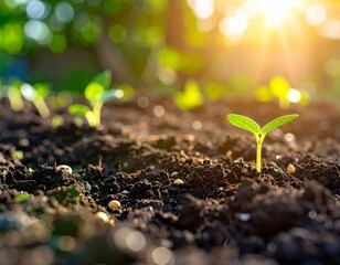 Close-up of seeds sprouting in soil with leaves emerging under sunlight