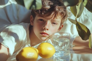 healthy lifestyle, young boy with fresh water glass, wellness theme