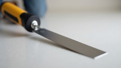 Skimming Blade. Veggie chopper Mandoline Slicer Burger smasher Mini grinder Adjustable spanner Staleks Piccalio vevor Zwilling Metal putty knife with yellow and black handle on whit